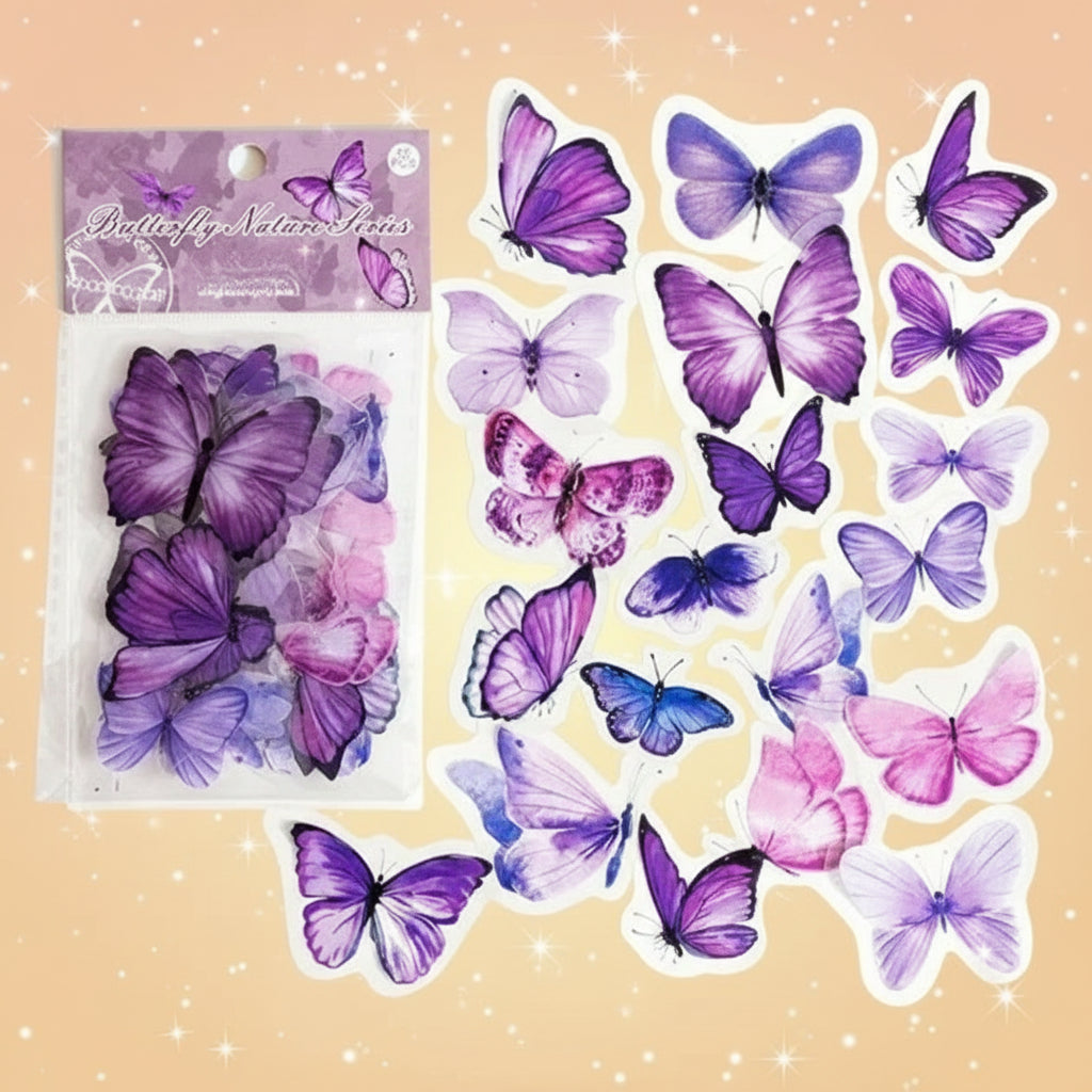 Butterfly stickers with a purple and pink color scheme on a white background.