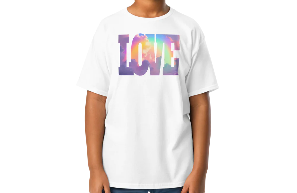 Child wearing a white t-shirt with colorful 'LOVE' graphic on a white background