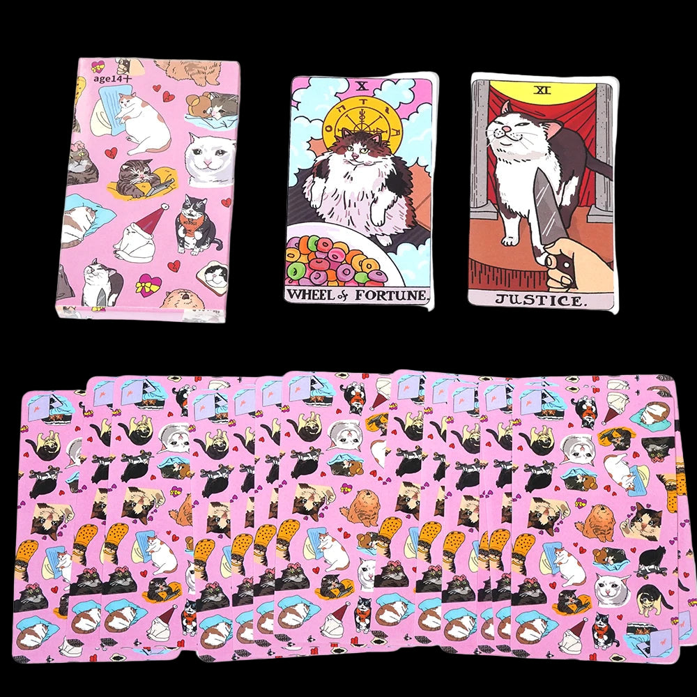 Set of tarot cards with cat illustrations on a pink background