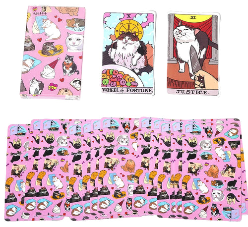 Set of tarot cards with cat illustrations on a pink background