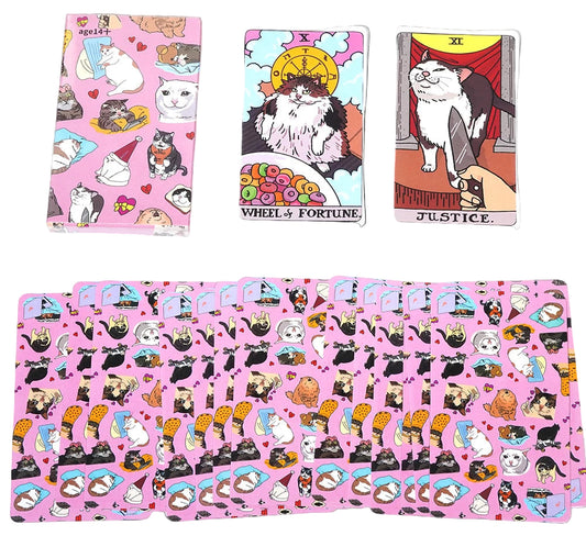 Set of tarot cards with cat illustrations on a pink background
