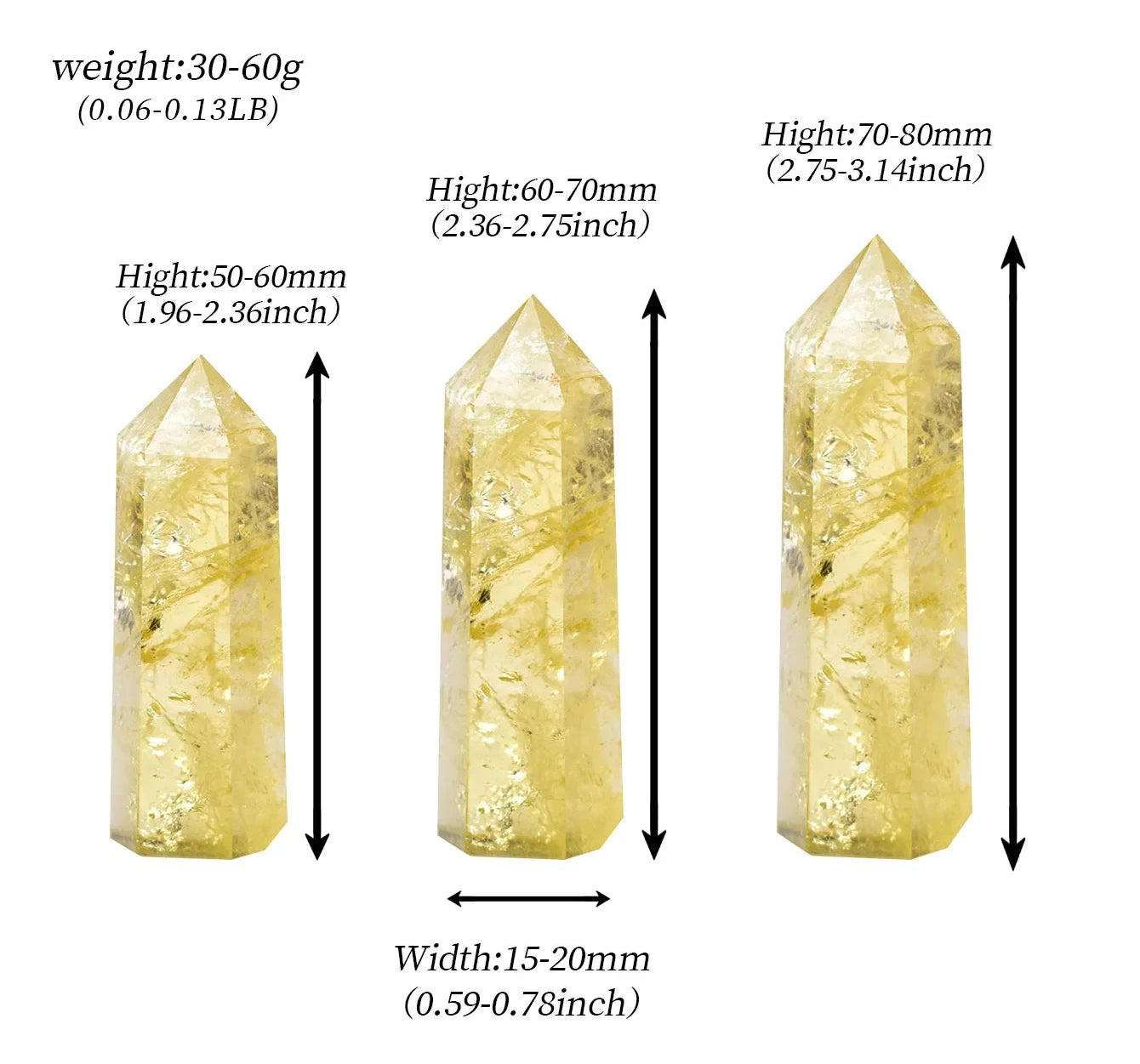 Three crystal points with measurements on a white background