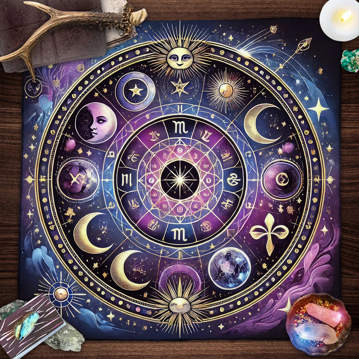 Decorative mat with astrological symbols on a wooden surface