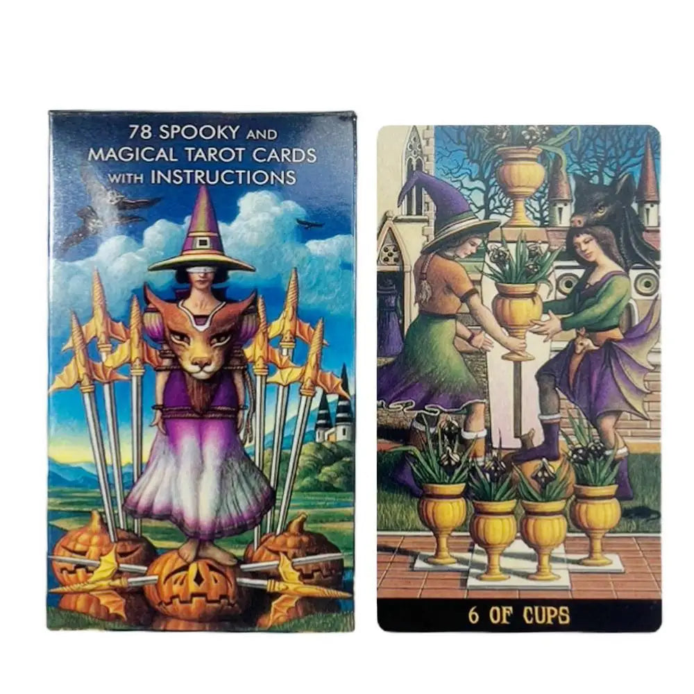 Spooky and Magical Tarot Cards with instructions and a tarot card featuring two women and a fountain.