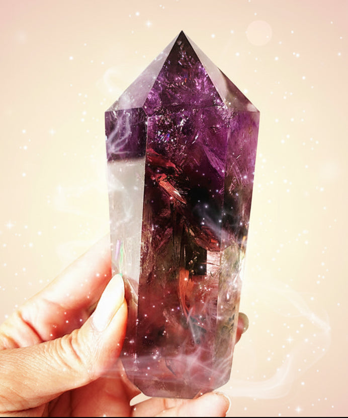Amethyst crystal held in hand with green leaves in the background