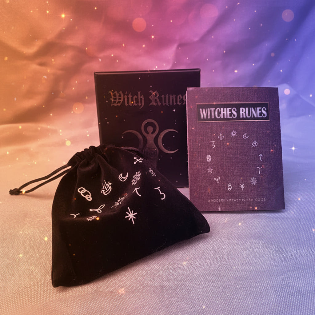 Witches Runes set with black drawstring bag on a light gray background