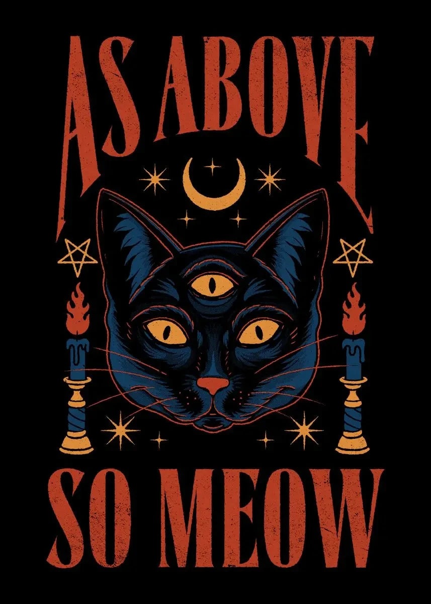 Black cat with yellow eyes surrounded by candles, stars, and a moon, with 'As Above So Meow' text on a black background.