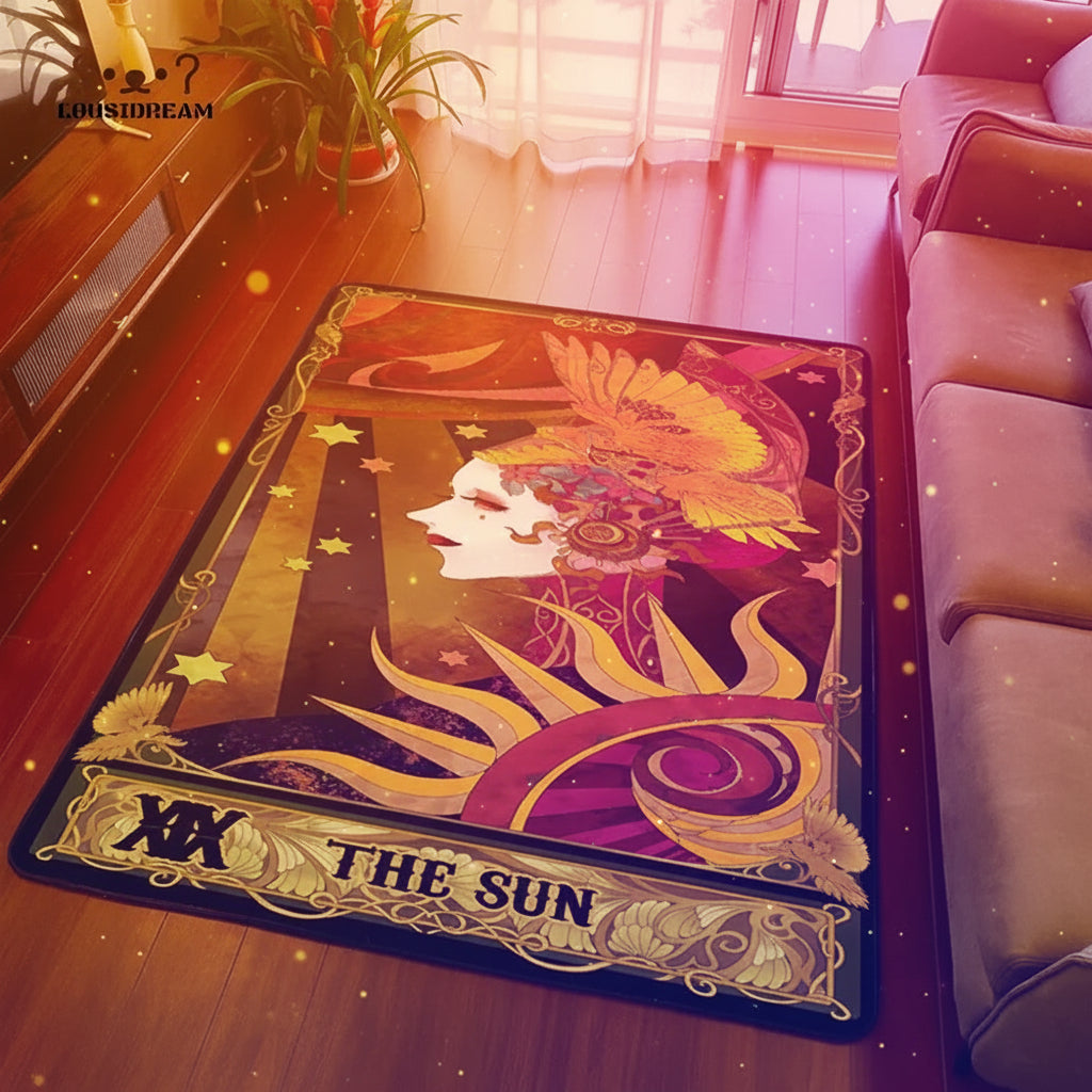 Decorative rug with 'The Sun' design in a living room setting