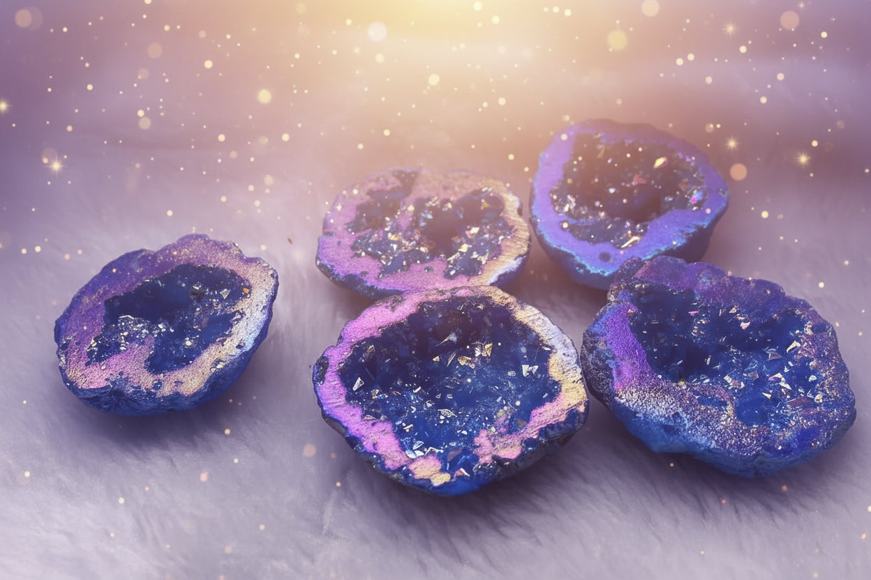 Blue decorative stones with a glittery texture on a white surface with flowers in the background