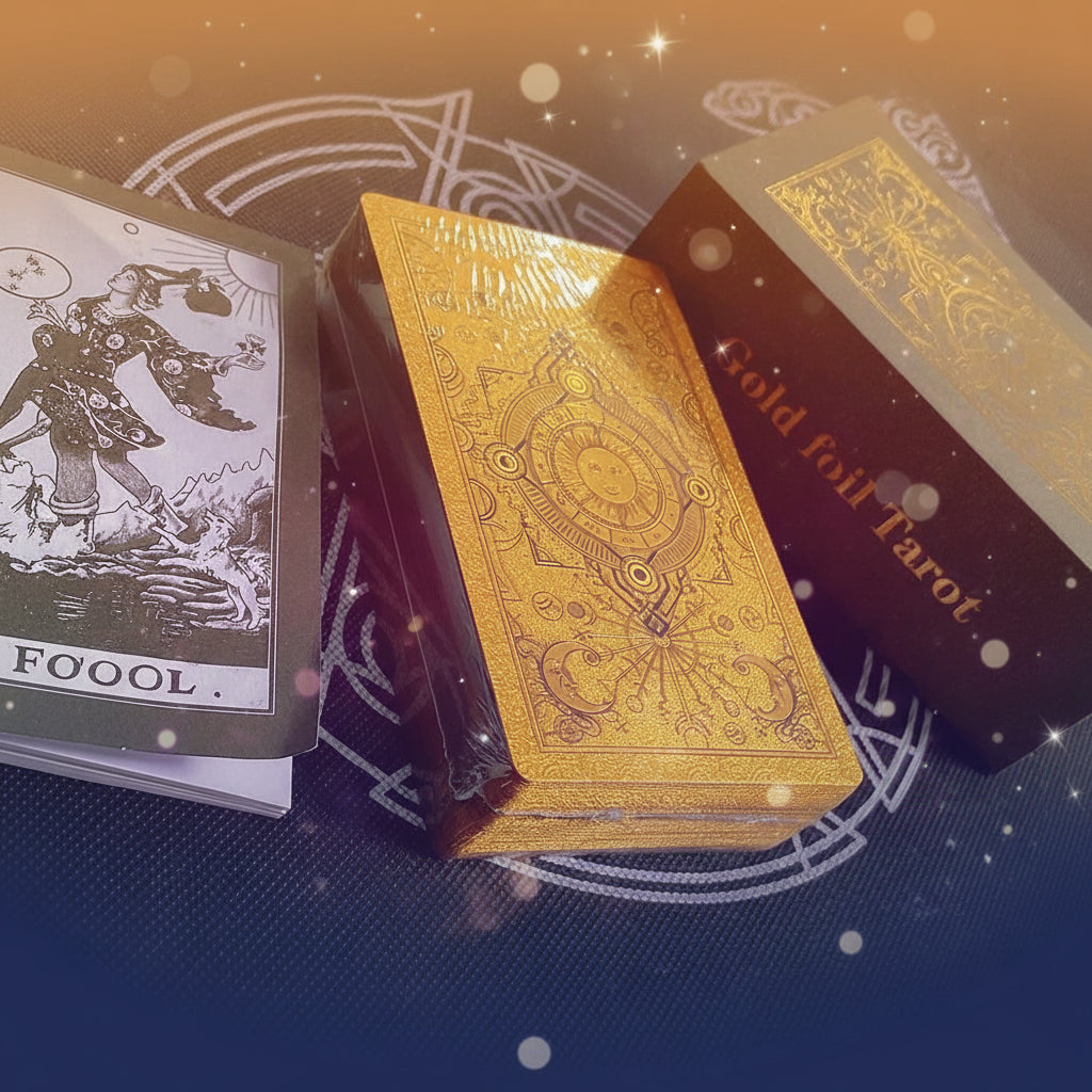 Gold foil tarot cards with a decorative box on a dark surface.