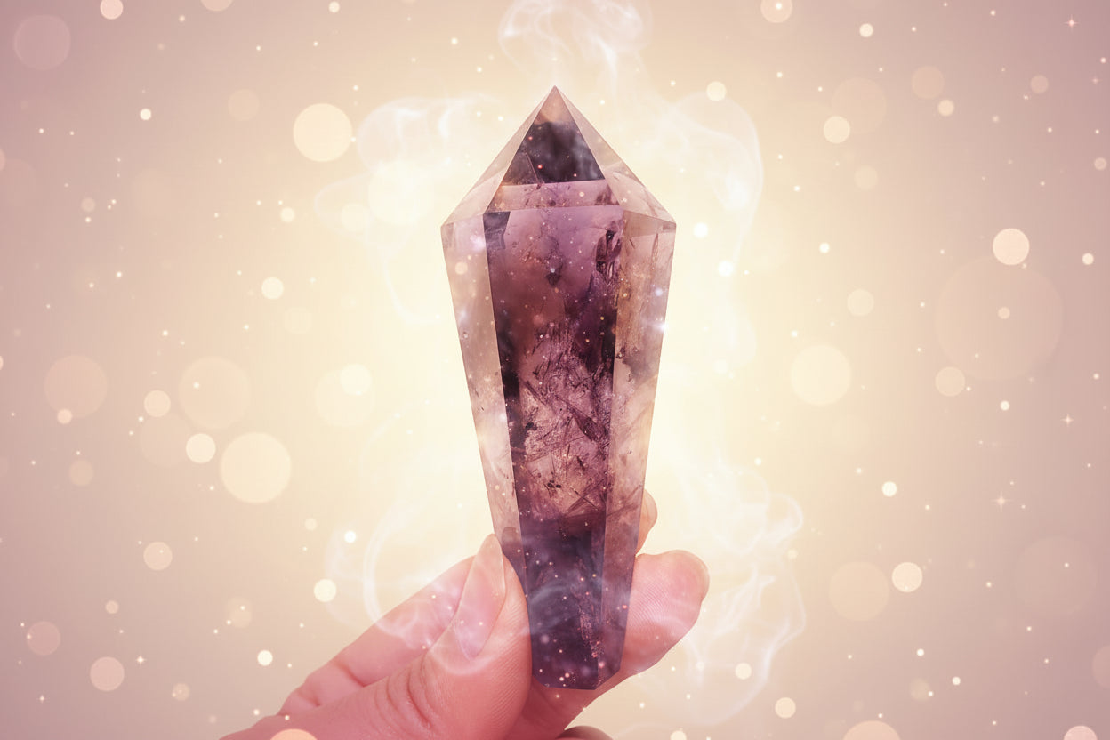 Amethyst crystal held in a hand with a blurred green plant in the background