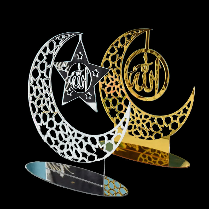 Decorative items with star and crescent designs on a blue background