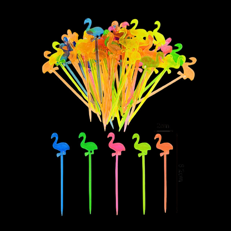 Colorful flamingo-shaped cocktail stirrers with measurements on a white background