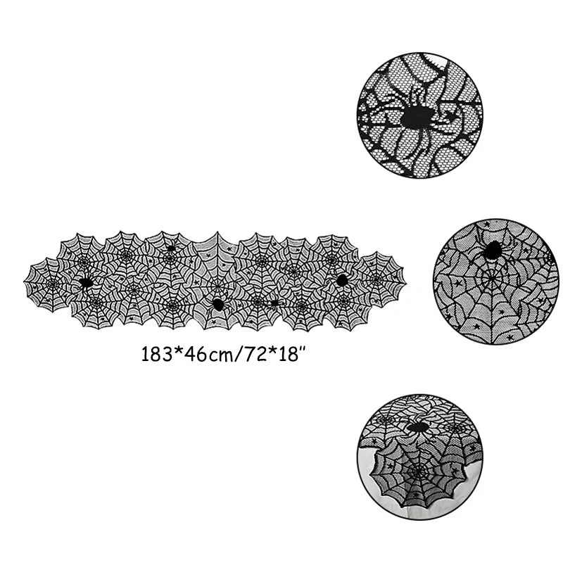 Black lace spiderweb table runner and coasters on a white background