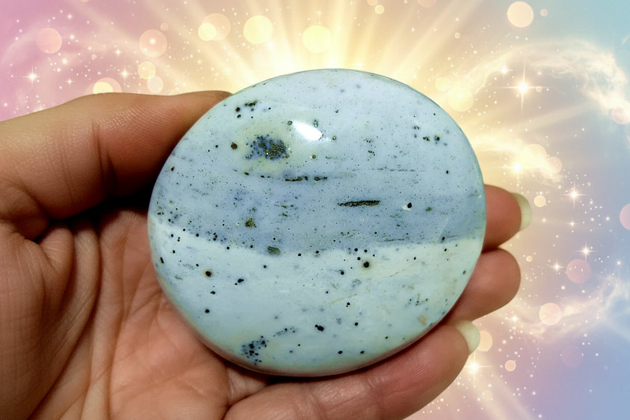 Round blue stone with black specks held in a hand against a blurred green plant background
