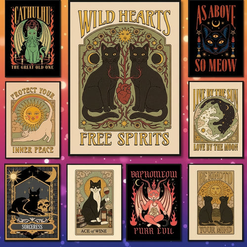 Collection of nine framed posters with various designs featuring cats, text, and symbols on a white brick wall background.