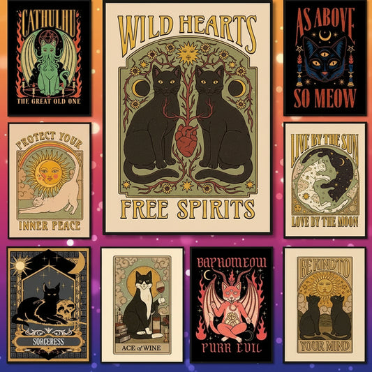 Collection of nine framed posters with various designs featuring cats, text, and symbols on a white brick wall background.