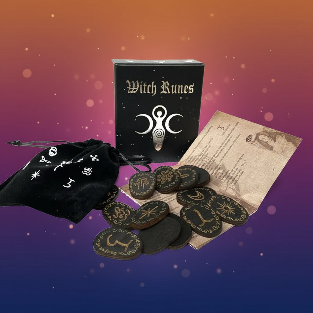 Witch Runes set with stones, bag, and instructions on a white background