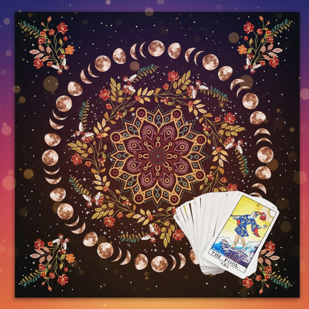 Decorative tapestry with mandala design, moon phases, and tarot cards on a dark background