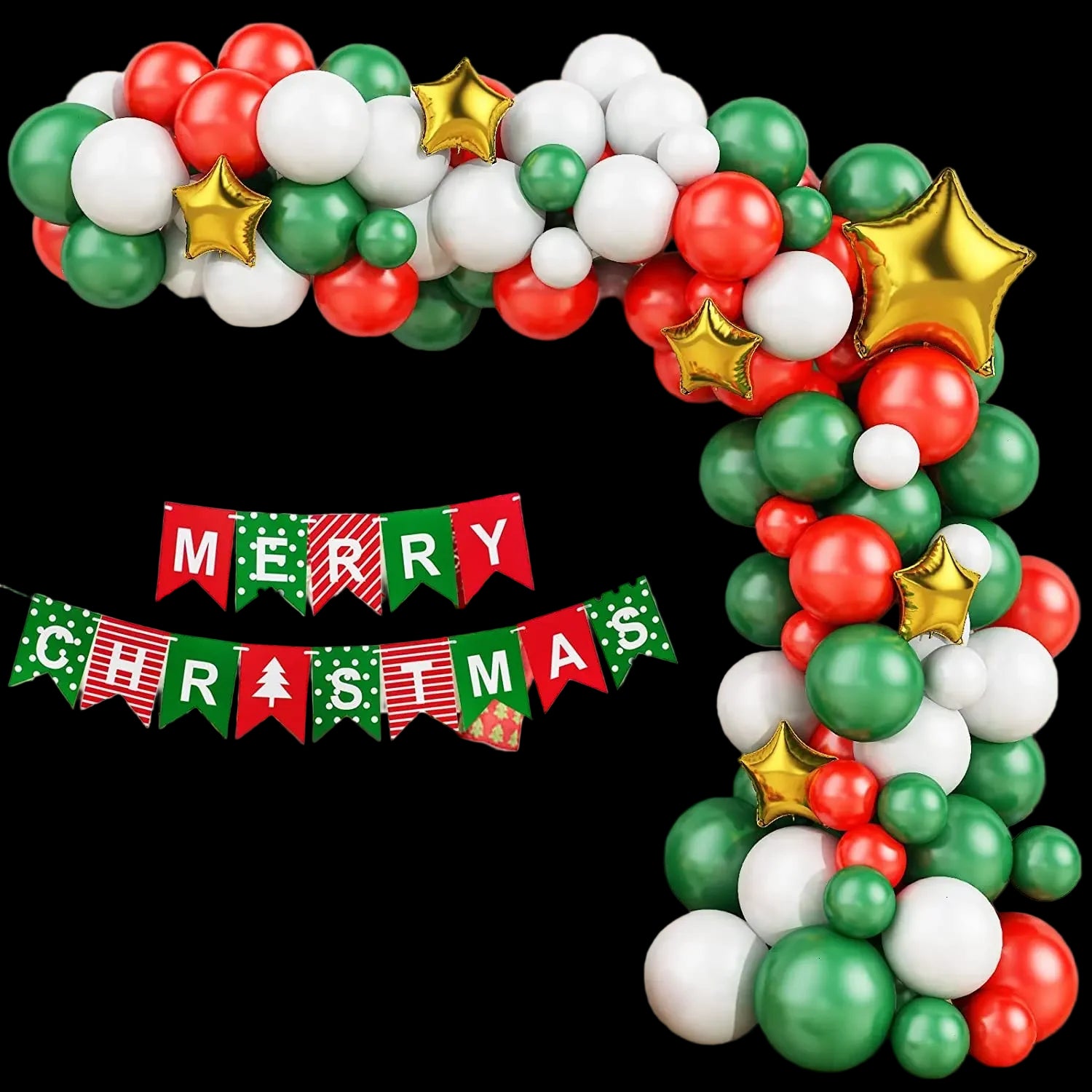 Christmas-themed balloon arch with red, green, and white balloons, gold stars, and a 'Merry Christmas' banner.