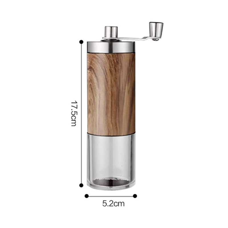 Wooden and metal coffee grinder with dimensions on a white background