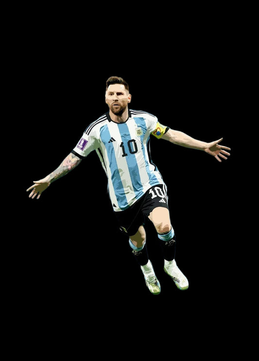 Soccer player in Argentina jersey with 'Lionel Messi' text on a blue background