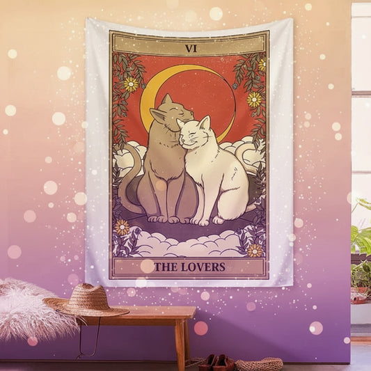Wall tapestry with 'The Lovers' tarot card design featuring two animals, hanging on a wall.