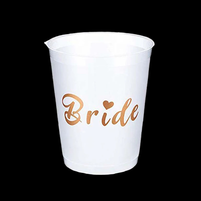 White plastic cup with 'Bride' printed in gold on a white background