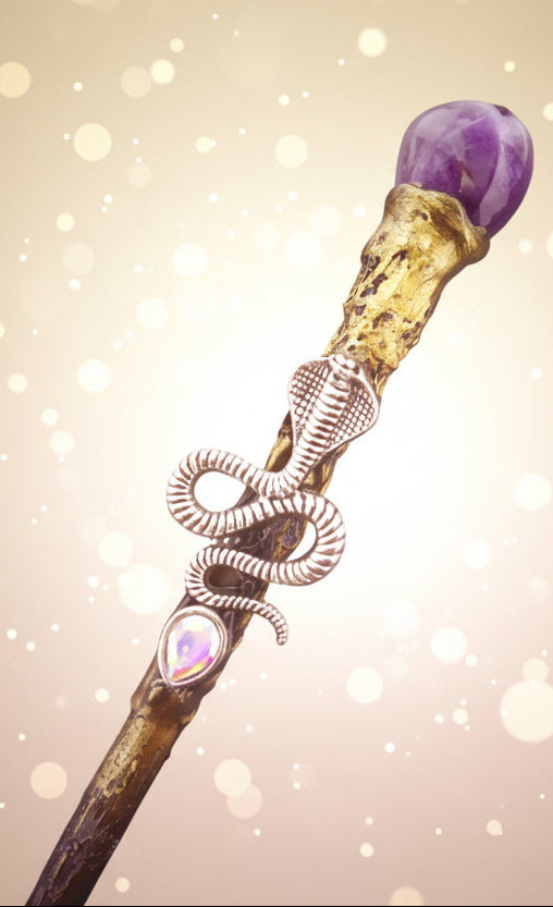 Decorative staff with snake and purple gem on a dark background