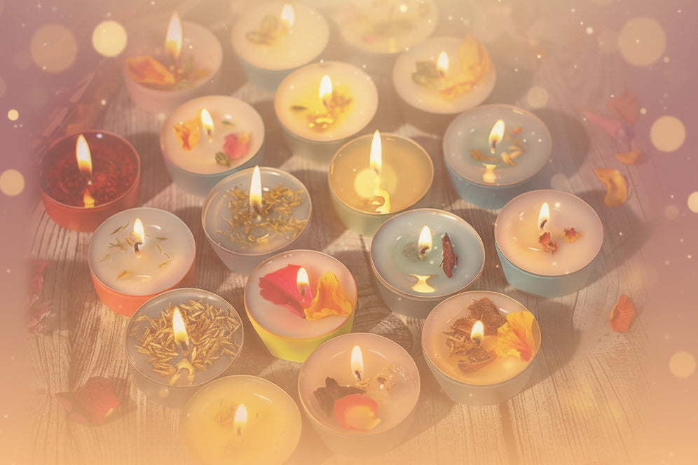 Assorted small candles with floral and decorative elements on a wooden surface.