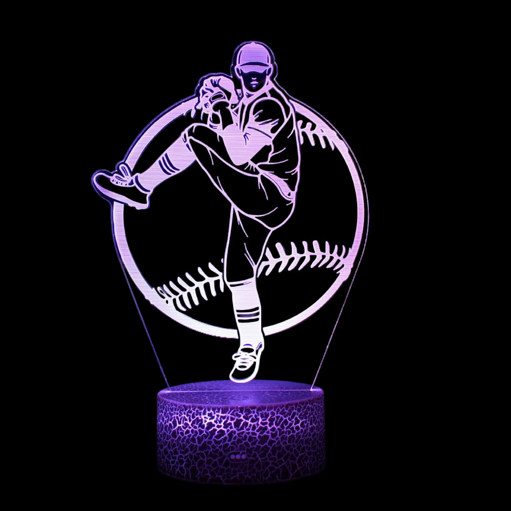 Baseball-themed night light with a player catching a ball design on a black background.