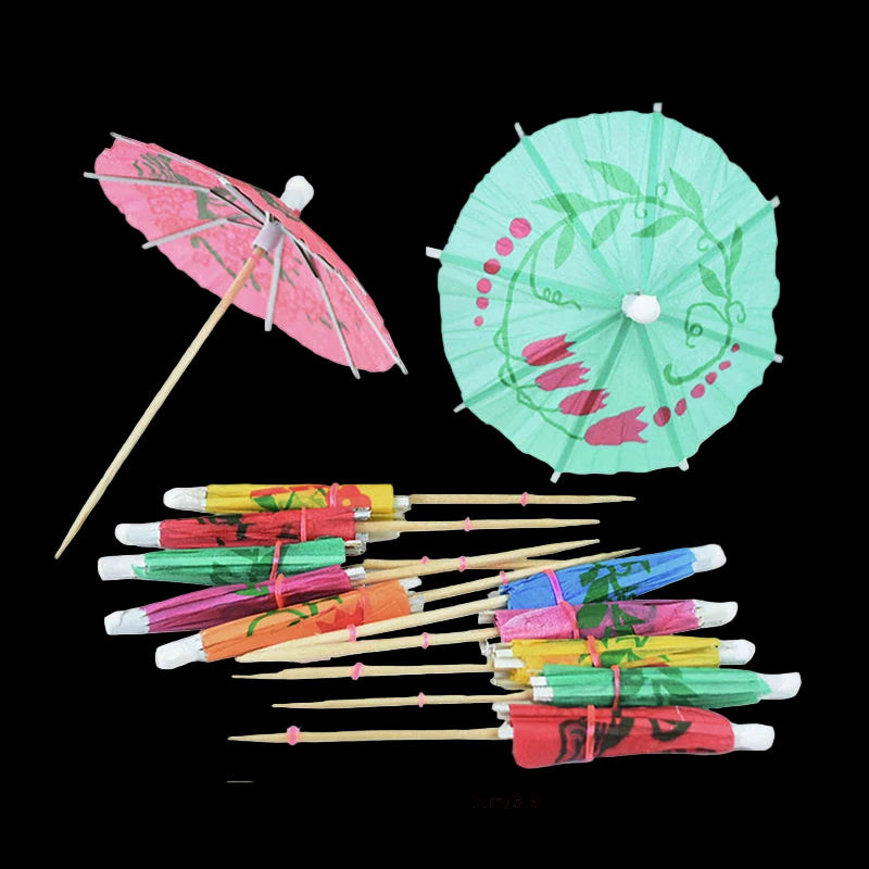 Colorful cocktail umbrellas with decorative designs on a white background