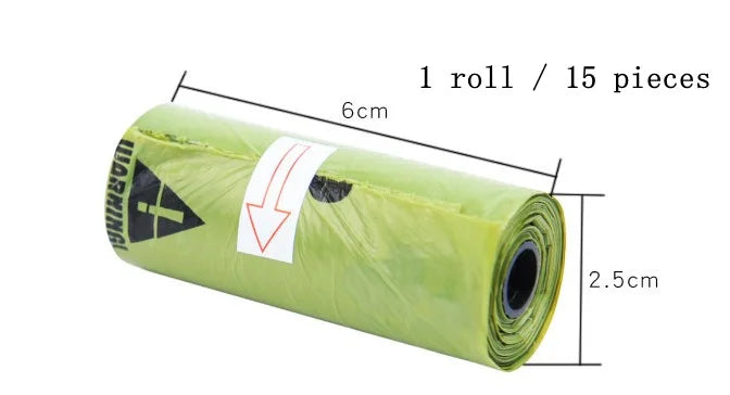 Green roll of plastic bags with dimensions and quantity label on a white background