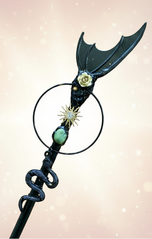 Black decorative hairpin with floral elements on a wooden surface, branded 'Essential Jewellery Store'.