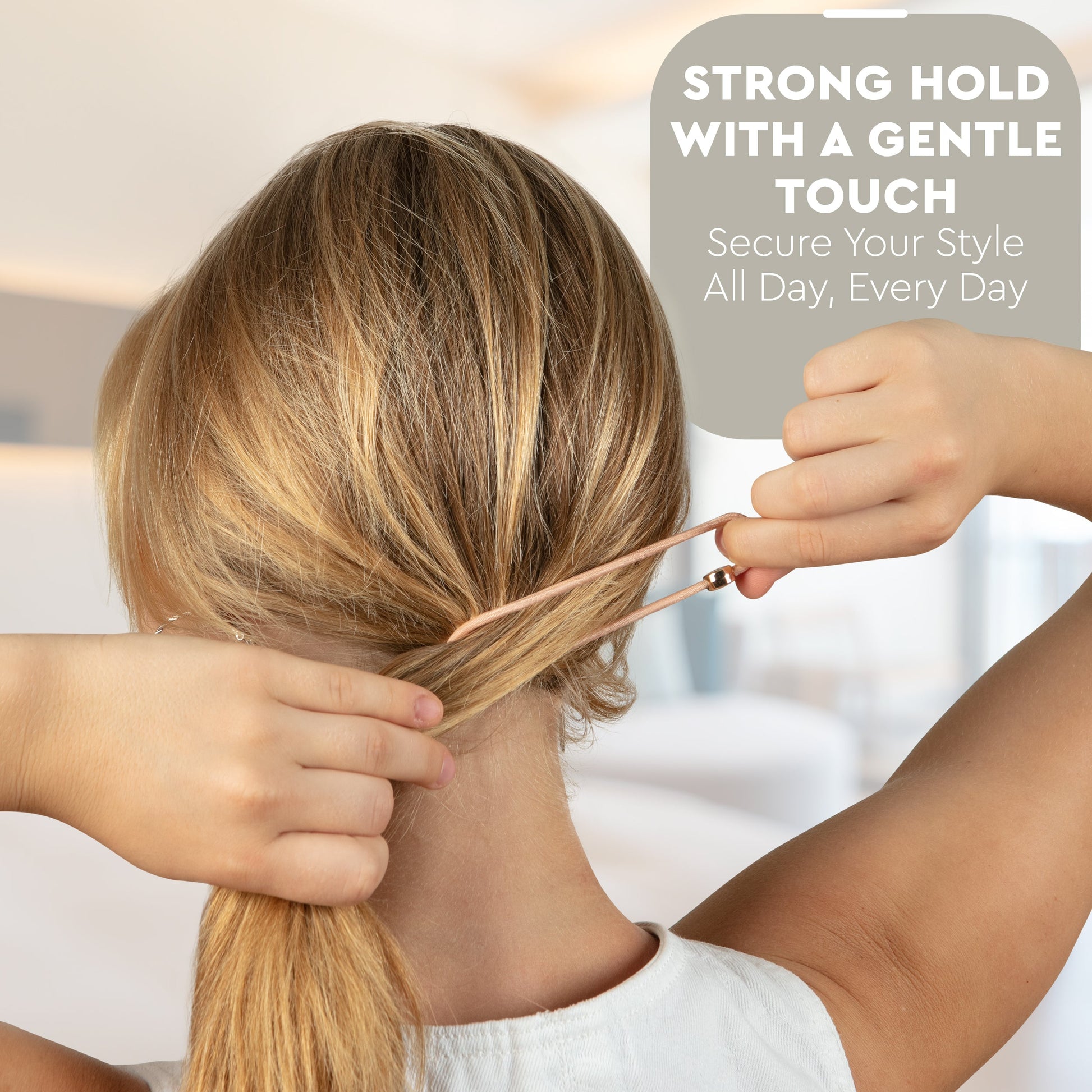 Person styling hair with text 'Strong Hold with a Gentle Touch' on a blurred background