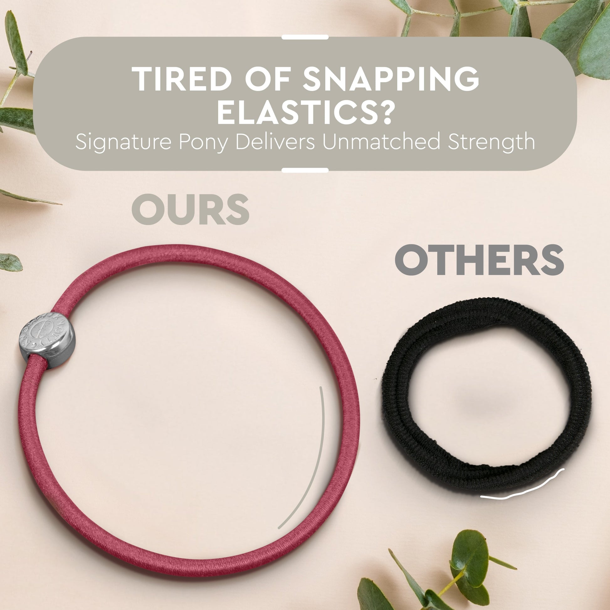 Pink hair elastic and black hair tie with text on a light background