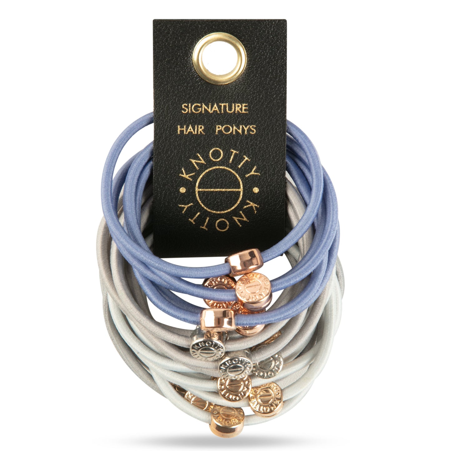 Knotty hair ponys with decorative ends on a branded card against a white background