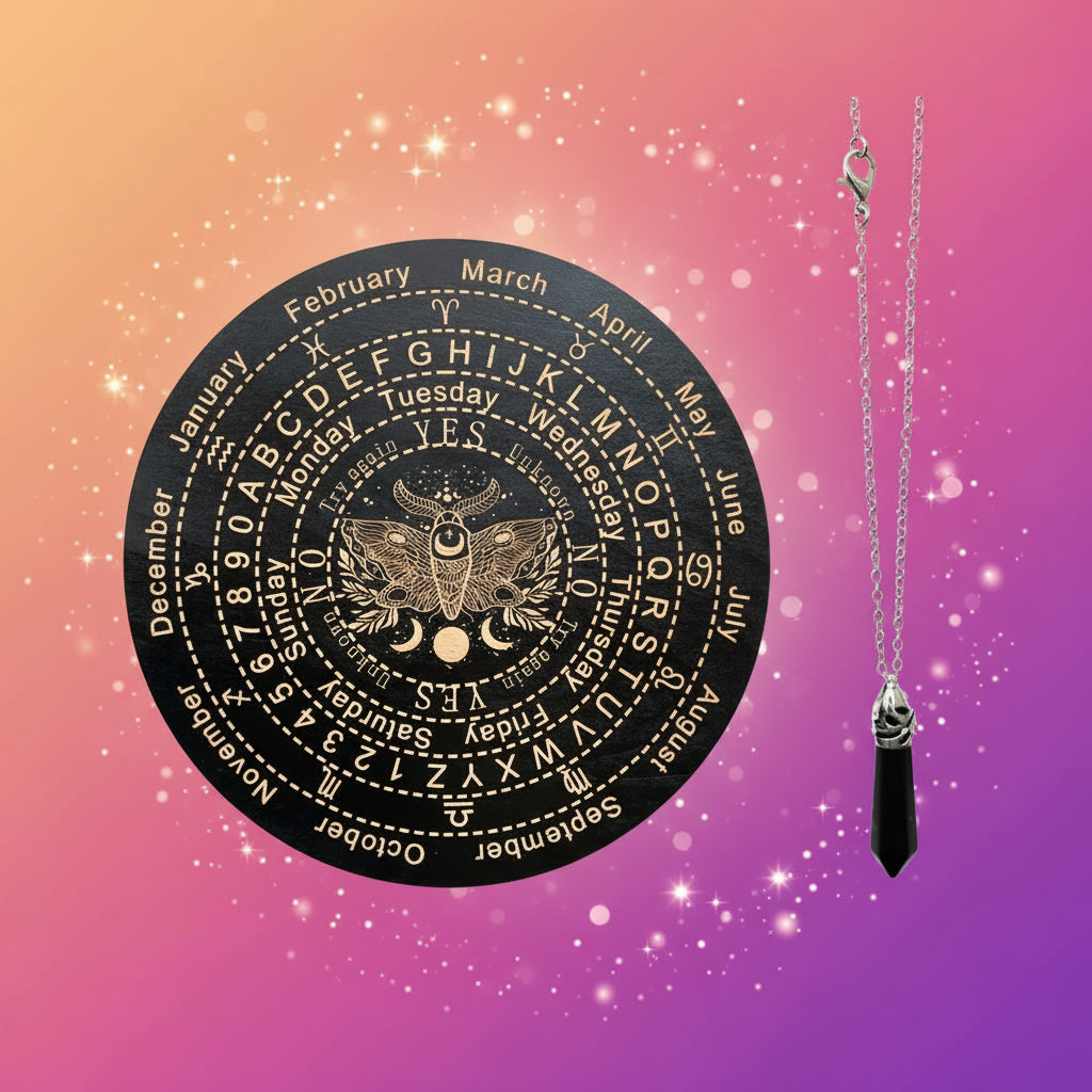 Black and gold ouija board with a chain and pendulum on a white background