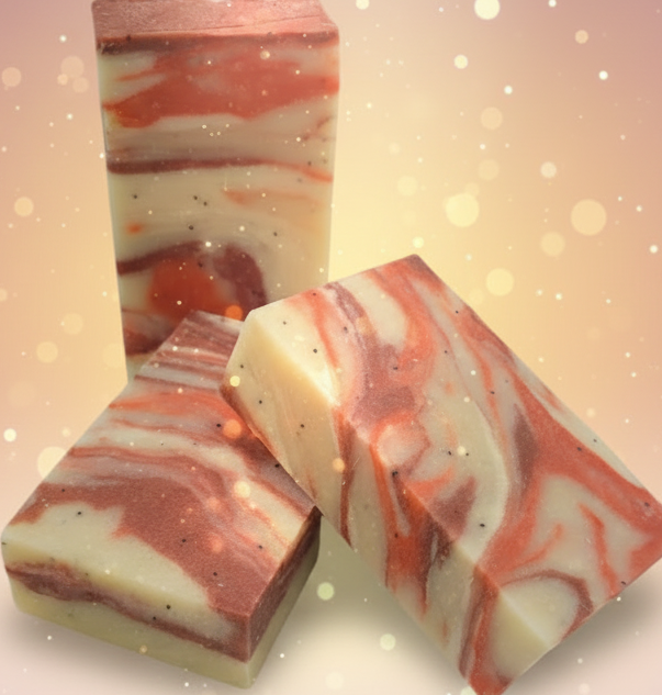Three marbled soap bars with red and beige swirls on a dark background with a skeleton and skull.
