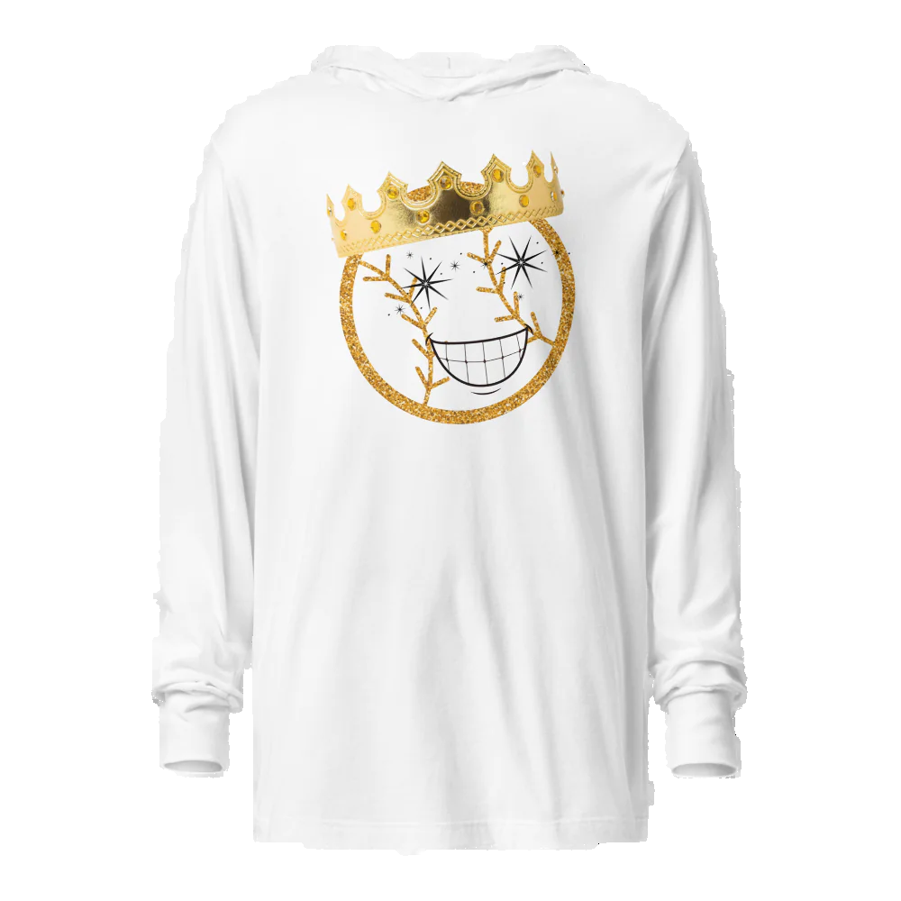 White hoodie with a gold smiley face design and crown on a white background
