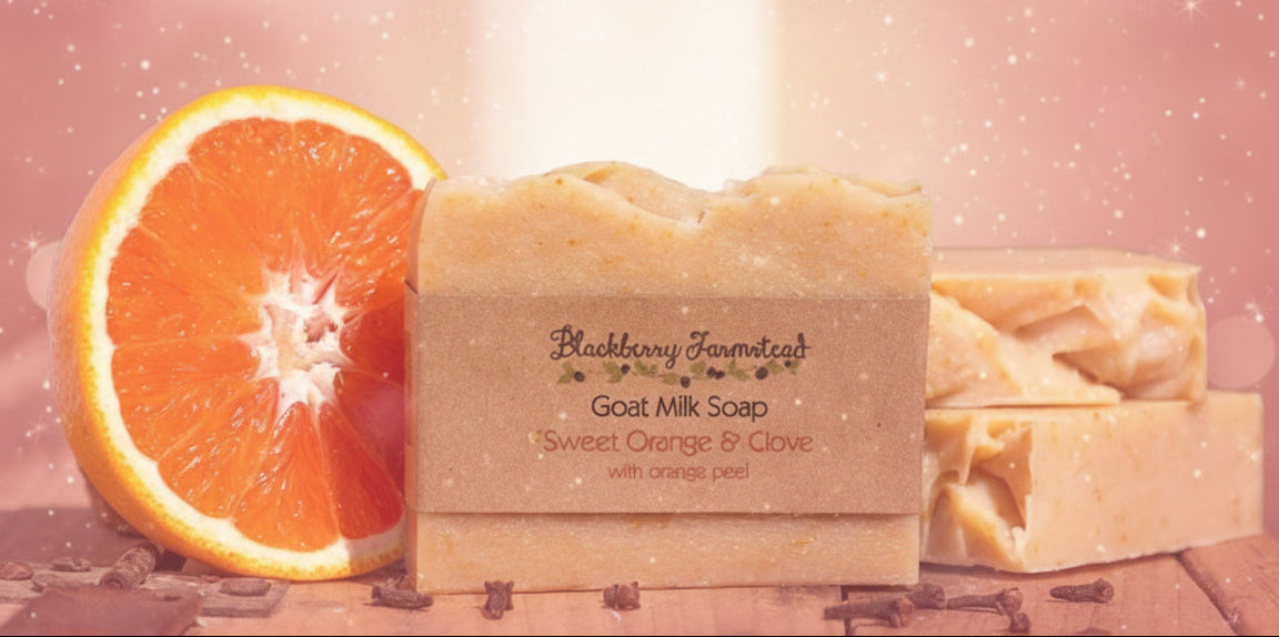 Bar of goat milk soap with an orange slice on a wooden surface, with a blurred natural background.