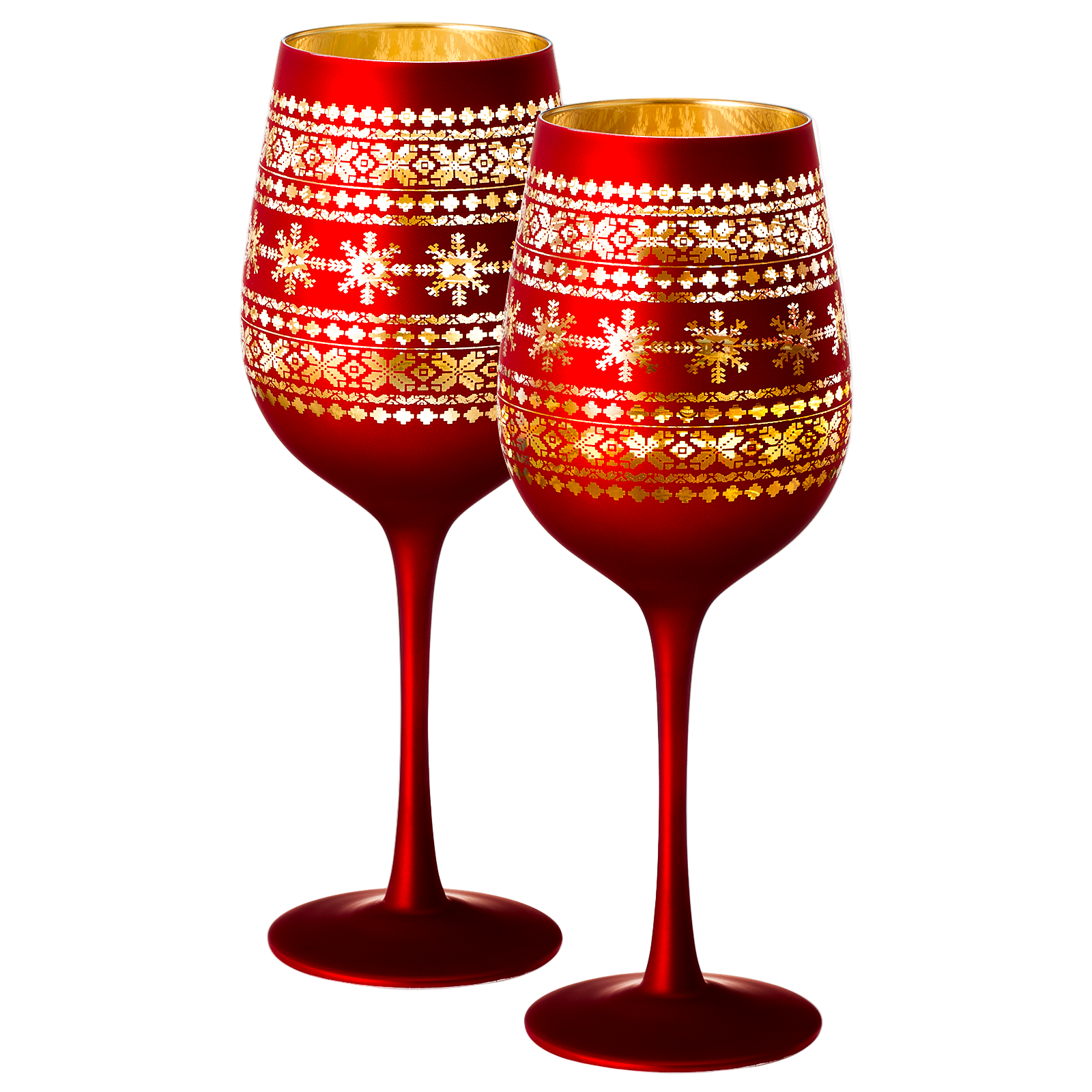 Two red wine glasses with gold and white patterns on a white background