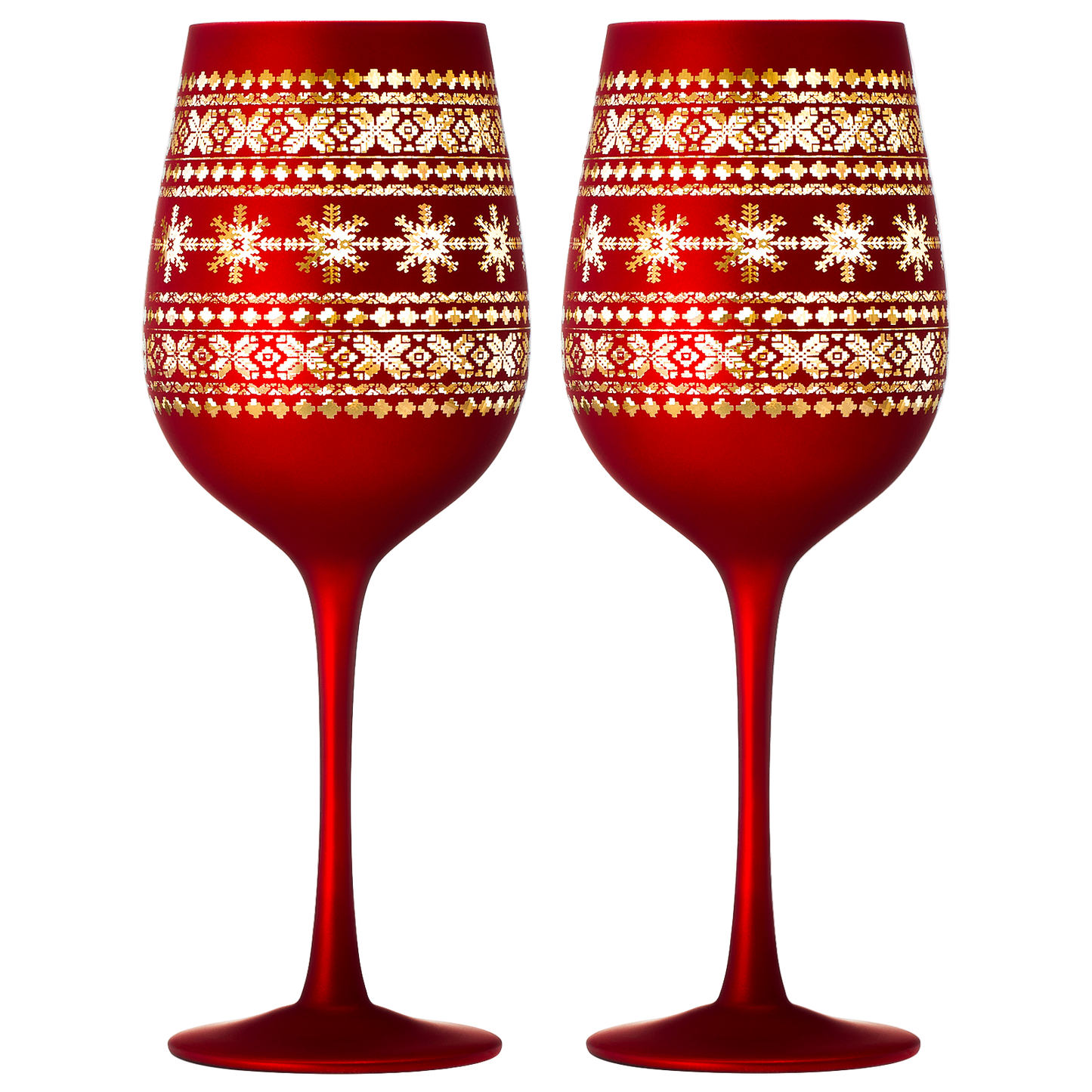 Two red wine glasses with gold and white pattern on a white background