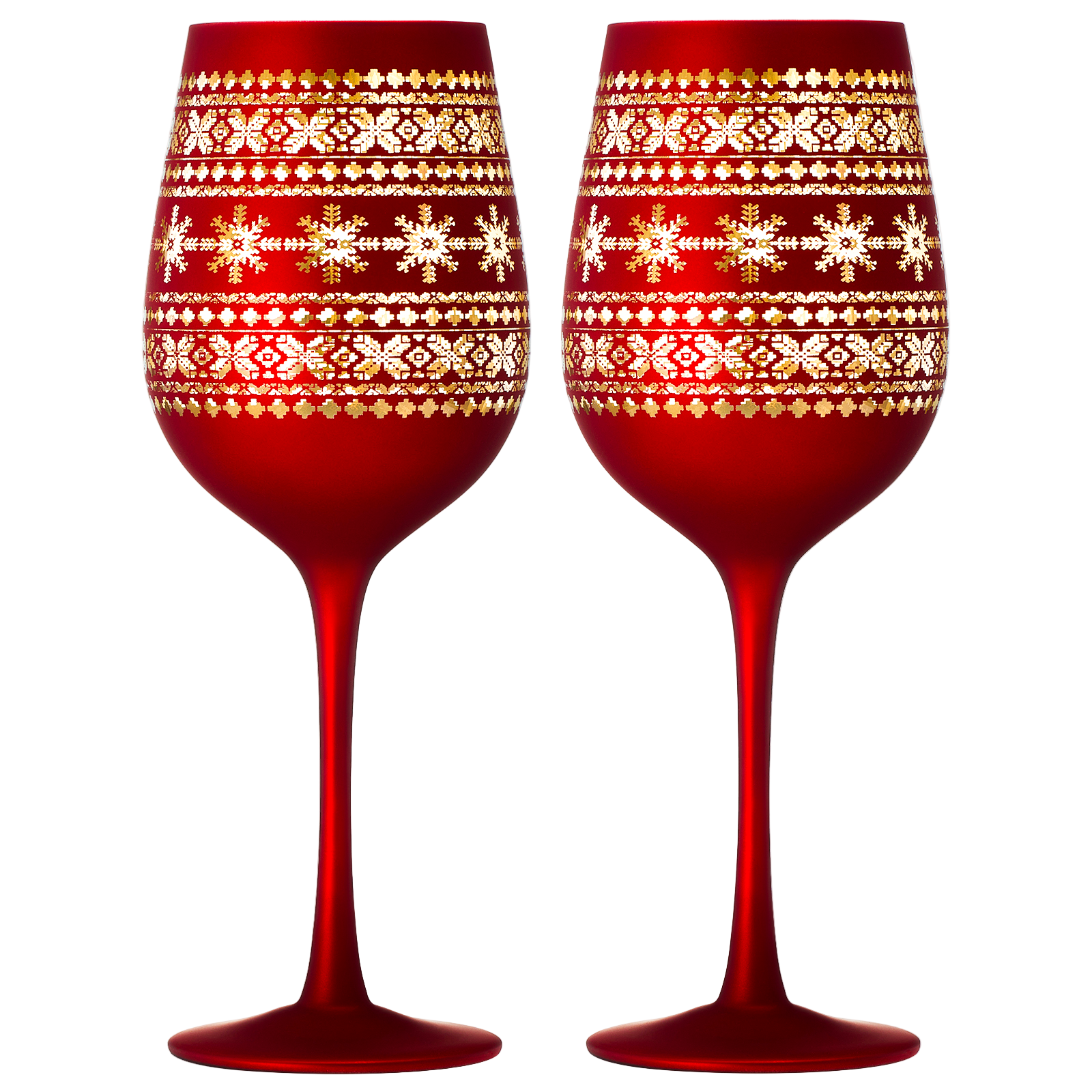 Two red wine glasses with gold and white pattern on a white background