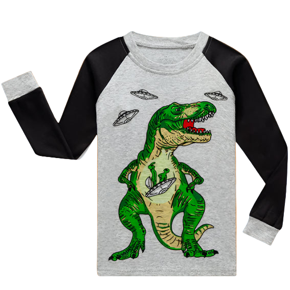 Children's long-sleeve shirt with a green dinosaur graphic on a gray background
