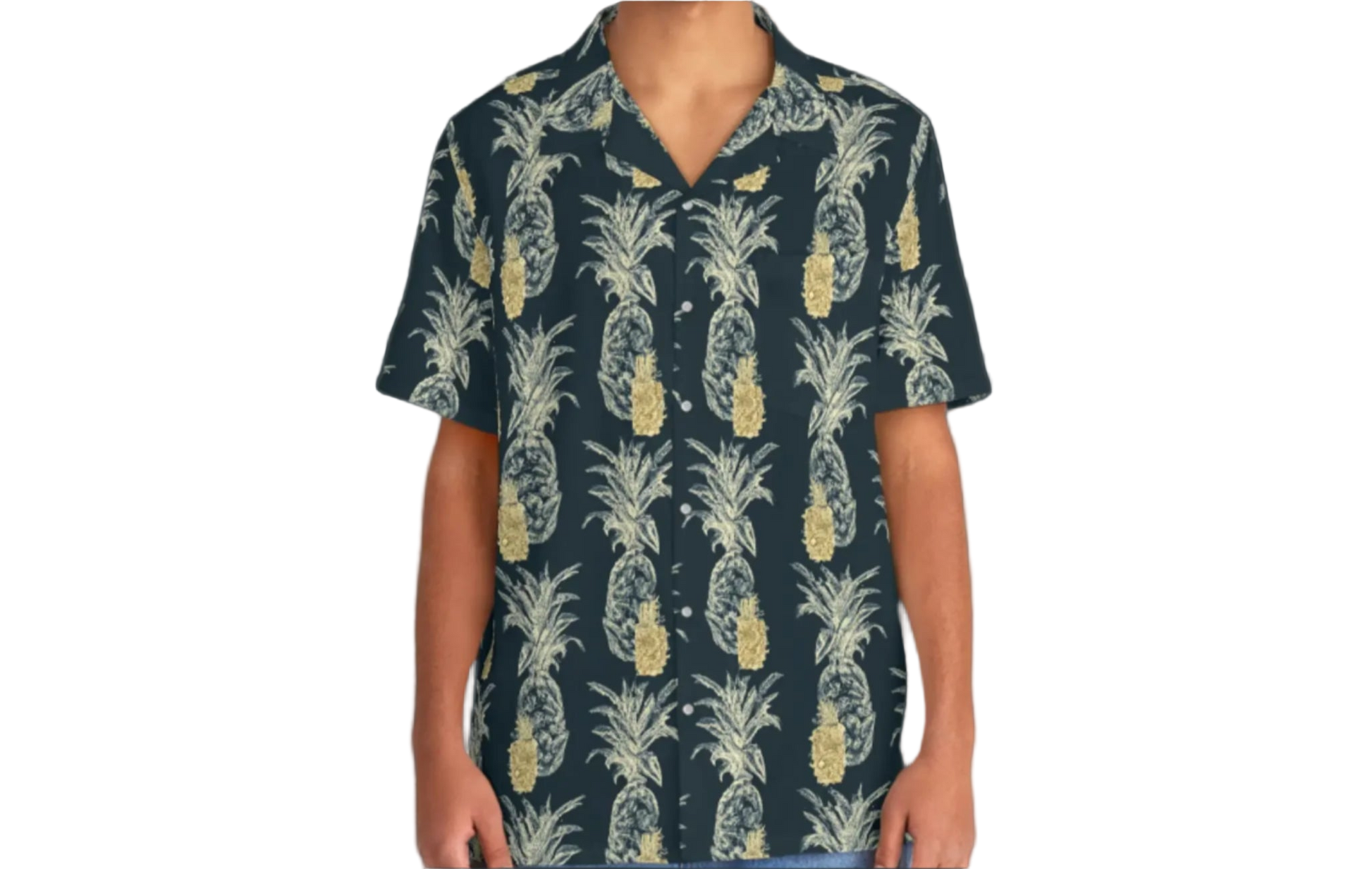 Man wearing a navy blue shirt with pineapple pattern on a white background