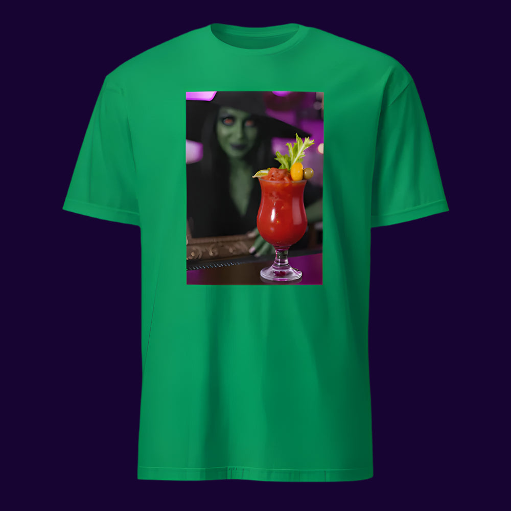 Green t-shirt with a graphic of a woman with dark hair and a Bloody Mary cocktail on a white background
