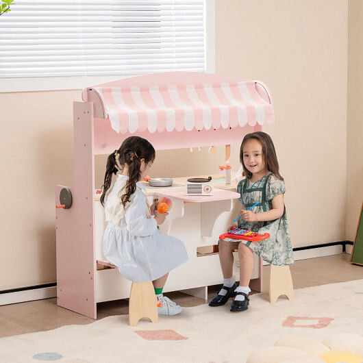 Double-Sided Kids Play Kitchen Set with Canopy and 2 Seats-3
