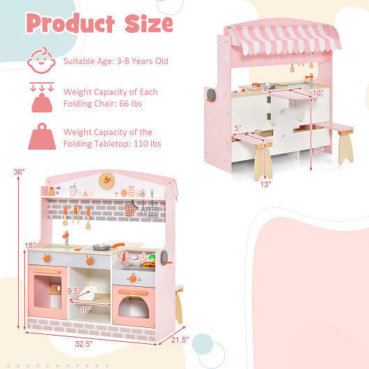 Double-Sided Kids Play Kitchen Set with Canopy and 2 Seats-2