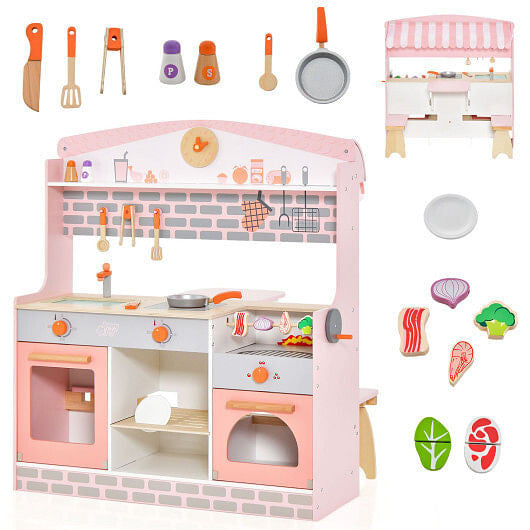 Double-Sided Kids Play Kitchen Set with Canopy and 2 Seats-0